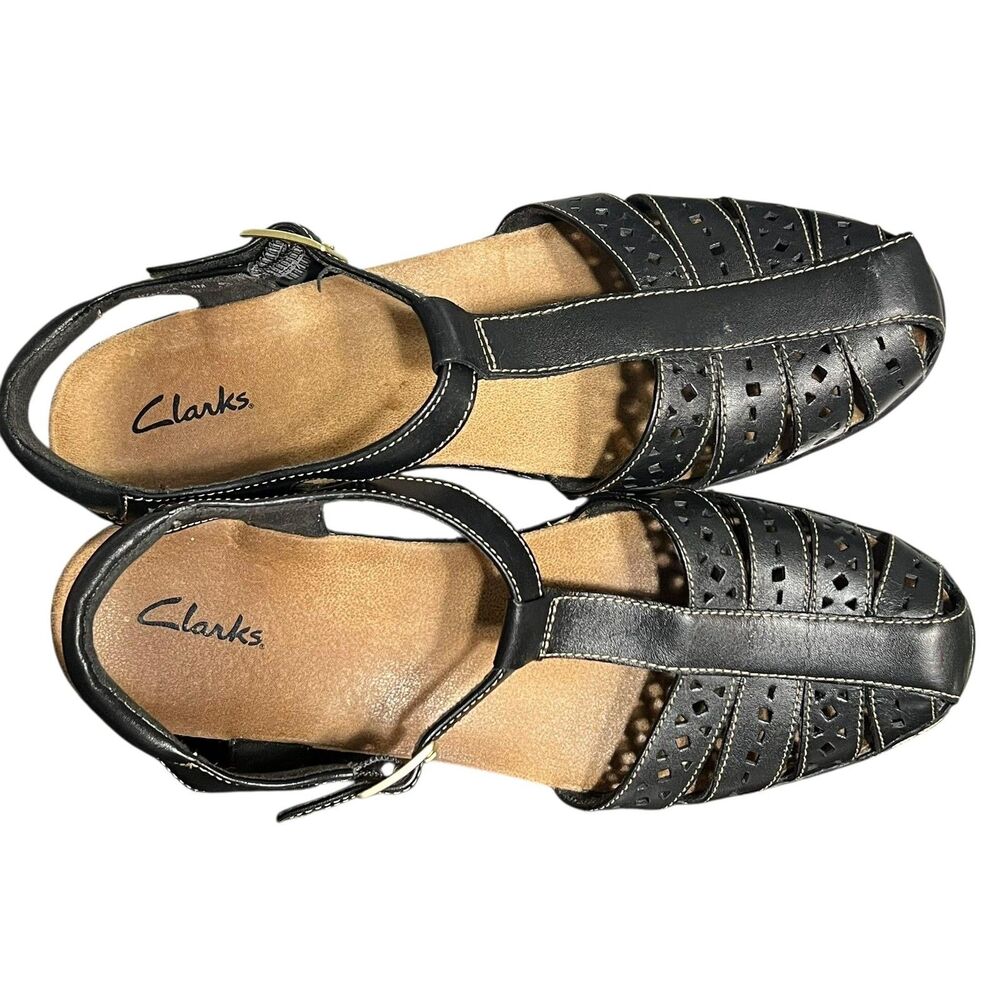 Clarks Sandals Womens Size 9 Black Leather T-Strap Slingback Low Wedge 26095E108 - Picture 10 of 14